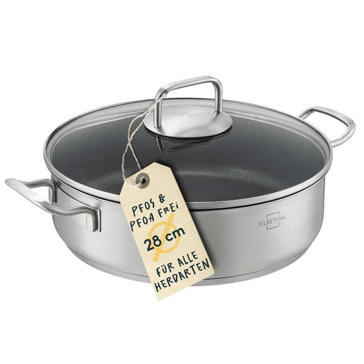 SILBERTHAL Servierpfanne 28 cm hoher Rand - Induktion - Edelstahl - Beschichtete Schmorpfanne mit De