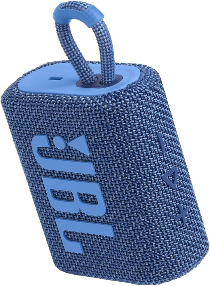 JBL GO 3 Eco – Kleine Bluetooth Box aus recyceltem Material in Blau – Wasserfester, tragbarer Lautsp