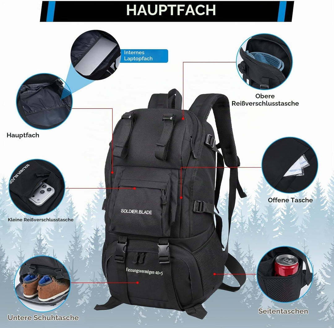 Wanderrucksack Herren Damen 45L Wasserdichter Rucksack Camping Rucksack Trekking Tasche für Trekking