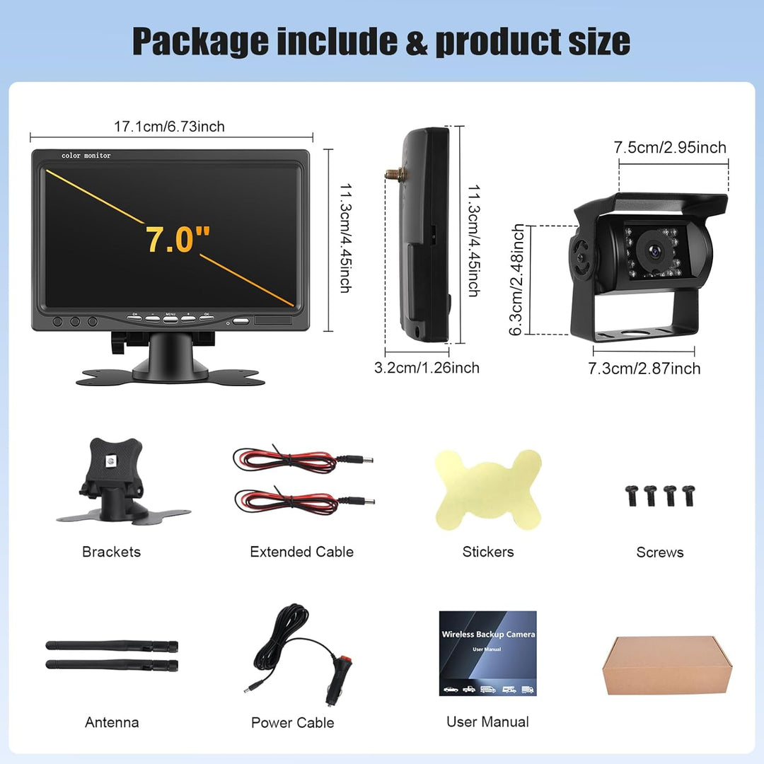 CAMECHO Rückfahrkamera Kabellos IP68 Wasserdicht Nachtsicht Weitwinkel Kamera mit 7 Zoll HD Monitor