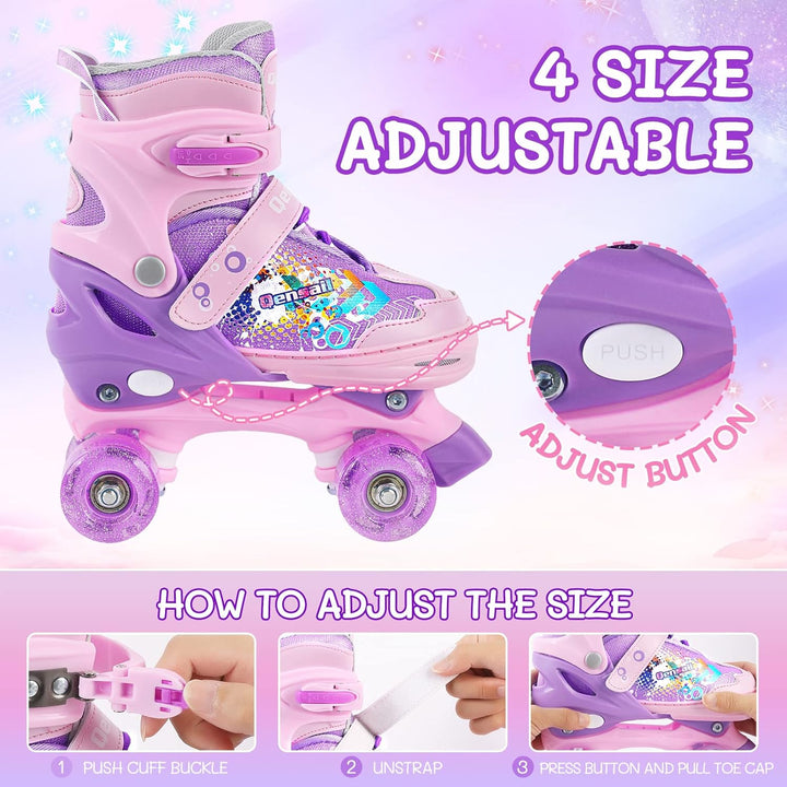 Runcinds Kinder Rollschuhe für Mädchen, Frauen, 4 Grössen verstellbar mit leuchtenden Rädern, Kleink