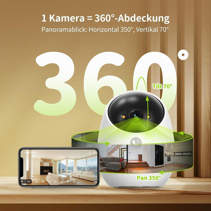 Beans View 3K Innenkamera für Überwachung und Sicherheit, Farb-Nachtsicht, 2,4 GHz WLAN-Kamera für H