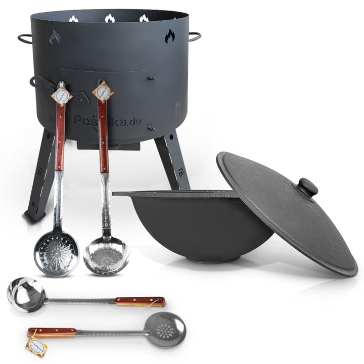 Utschak Feuerofen mit Gusseisen Topf flacher Boden mit Deckel (22 L) KazanoFF, Uchag Kazan Kasan Usb