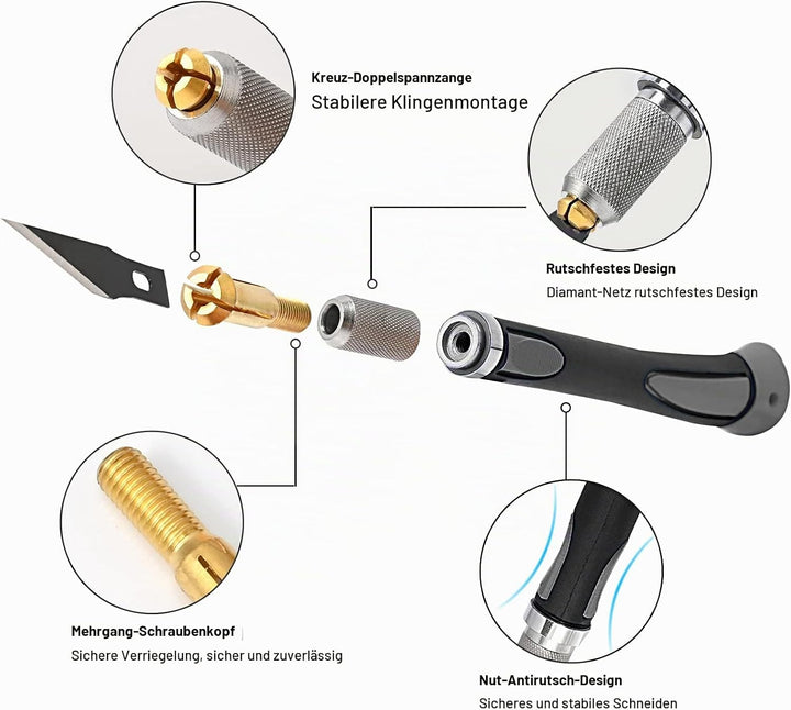 EHDIS Profi Cuttermesser Set - mit Bastelmesser, Skalpell, Cuttermesser 9mm, Stahllineal, Carbonstah