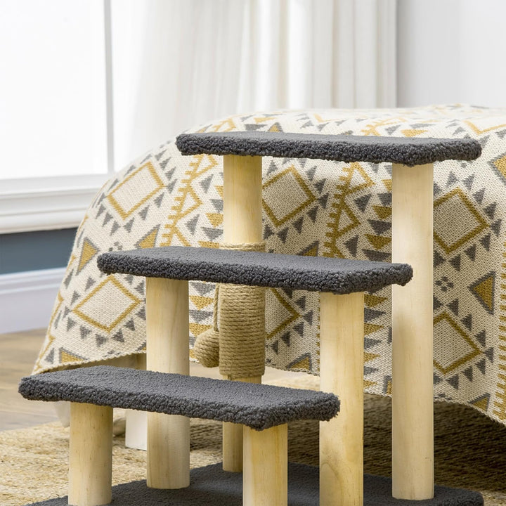 PawHut Katzentreppe 3-stufige Tiertreppe, 48 cm Haustiertreppe mit Sisalsäule, Hundetreppe mit Spiel