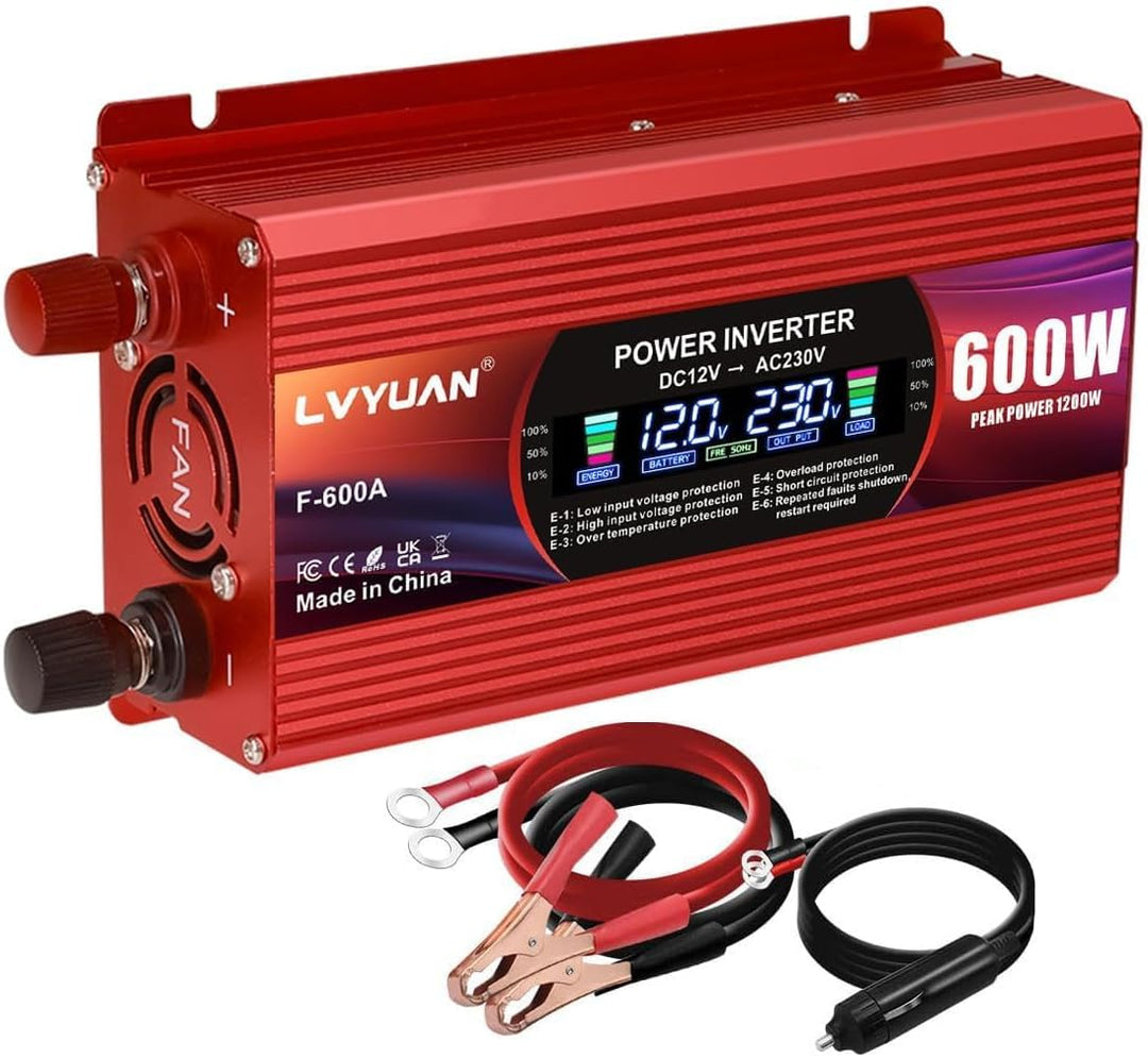 LVYUAN 600W/1200W Wechselrichter DC 12V auf AC 230V Spannungswandler 1 EU Steckdose & 2 USB Port Str
