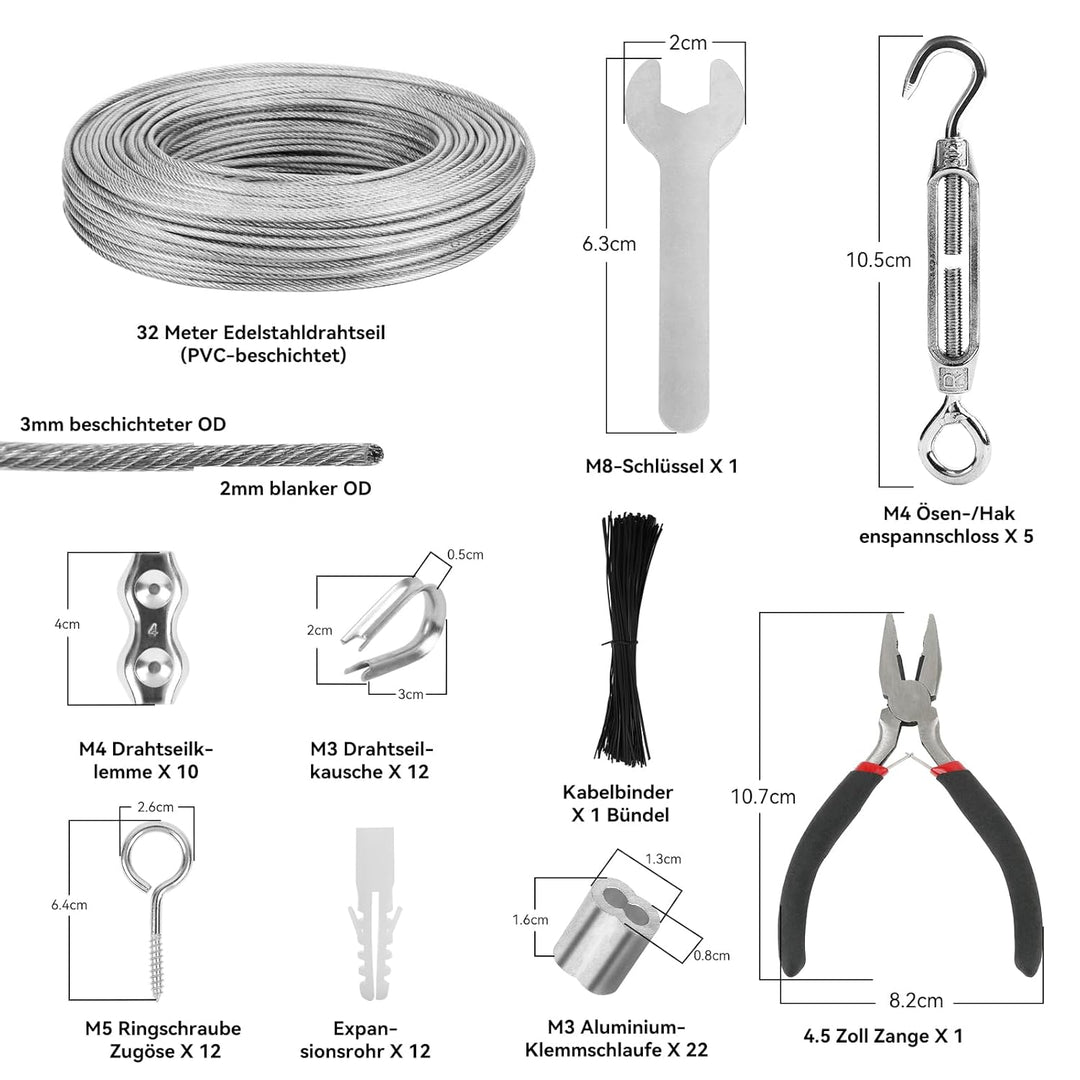 VIGRUE 32M 3mm Drahtseil kit, 304 Edelstahl Verdickt Drahtseil Spanndraht,Stahlseil Ummantelt,mit ös
