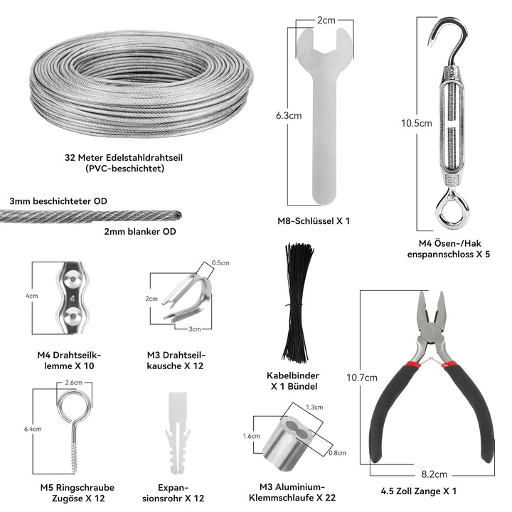 VIGRUE 32M 3mm Drahtseil kit, 304 Edelstahl Verdickt Drahtseil Spanndraht,Stahlseil Ummantelt,mit ös