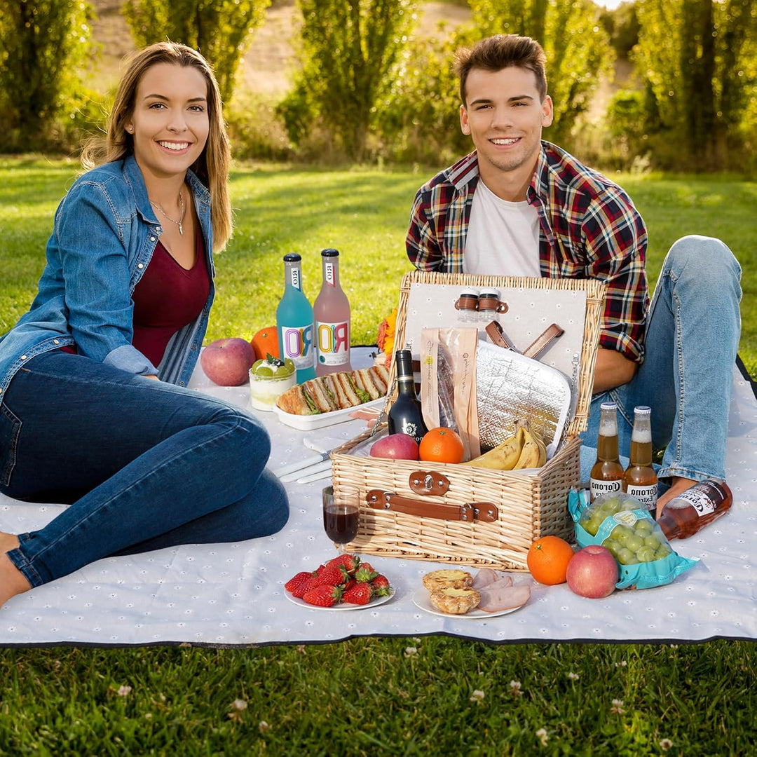 Picknickkorb für 2 Personen, Picknickkorb-Set mit Kühlfach und wasserdichte Picknickdecke, Besteck S