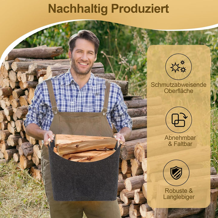 FINEW Holzkorb für Kaminholz 2er Set, Kaminholzkorb mit Handschuhen, Faltbarer Filztaschen aus Filz,