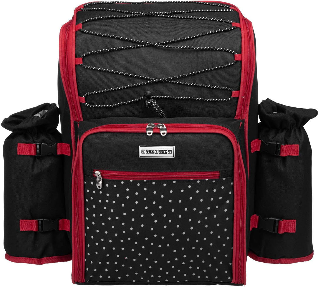 anndora Picknickrucksack 4 Personen schwarz weiss gepunktet + 29-TLG. Zubehör