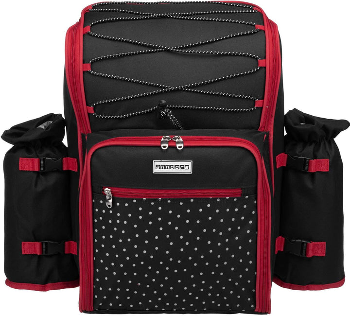 anndora Picknickrucksack 4 Personen schwarz weiss gepunktet + 29-TLG. Zubehör