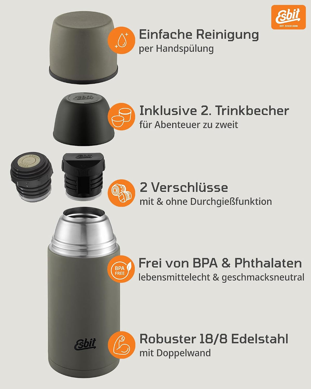 Esbit Classic Isolierflasche 500ml - Thermoskanne für warm &amp; kalt - Thermosflasche mit 2 Bechern - T