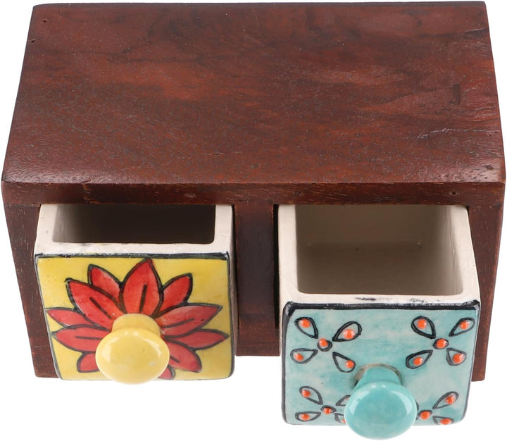 GURU SHOP Apothekerschränkchen mit Bunten Keramik Schubfächern, Gewürzkiste - 2 Fächer Modell 2, 10x