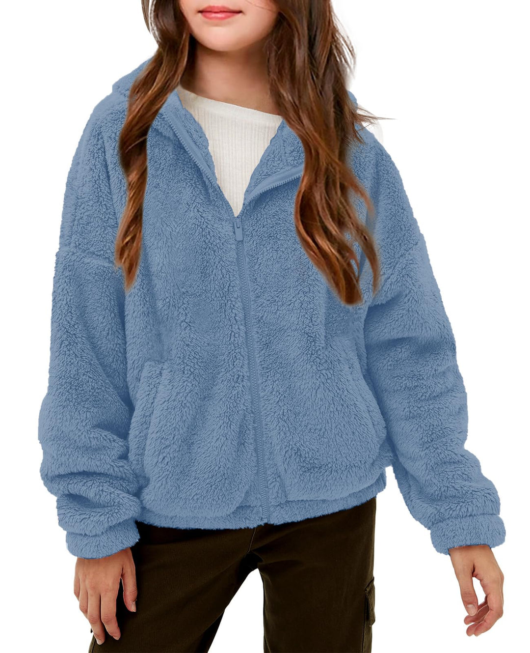 Haloumoning Mädchen Fleece Jacken Kinder Weich Fuzzy Kapuzenpullover Winter Coat Jacke 9-10 Jahre Bl