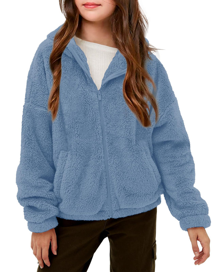 Haloumoning Mädchen Fleece Jacken Kinder Weich Fuzzy Kapuzenpullover Winter Coat Jacke 13-14 Jahre B