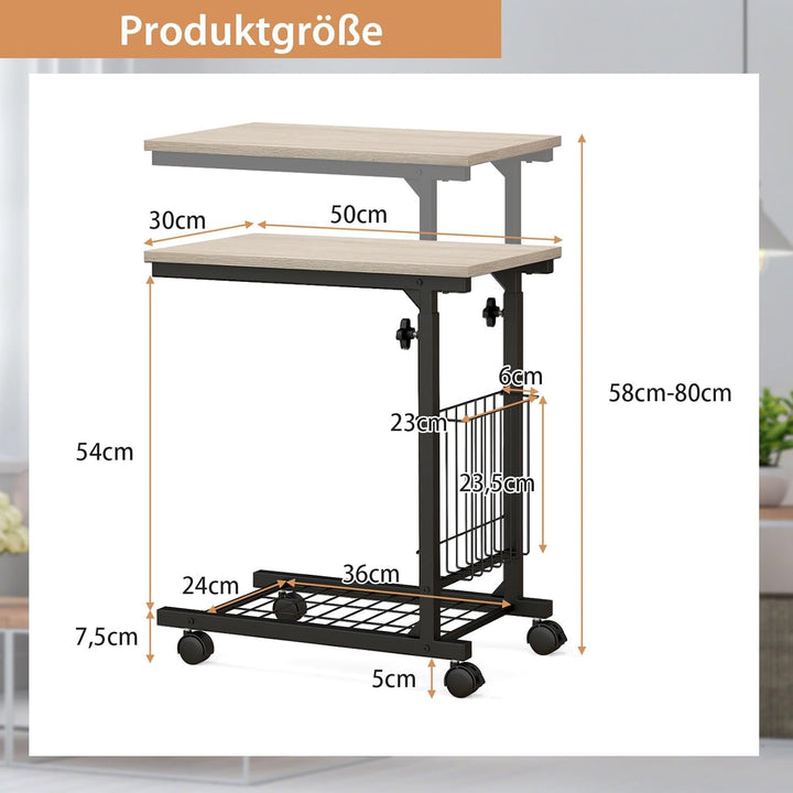 COSTWAY Beistelltisch mit Rollen, Laptoptisch höhenverstellbar, mit Aufbewahrungskorb, Sofatisch C-F