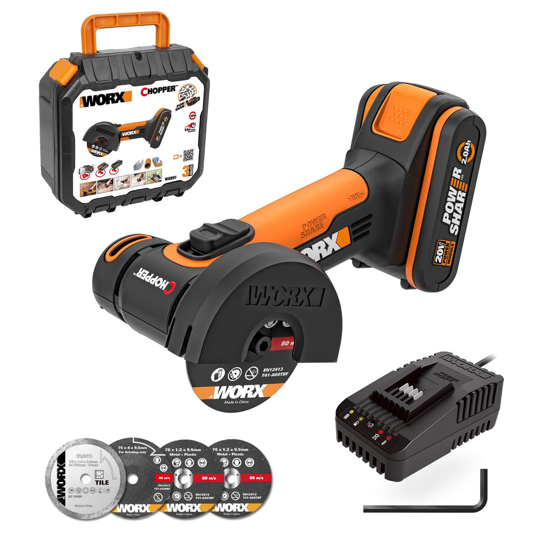 WORX Akku Winkelschleifer WX801 Powershare 2,0Ah Akku und Ladegerät 76mm Kompaktschleifer mit schmal