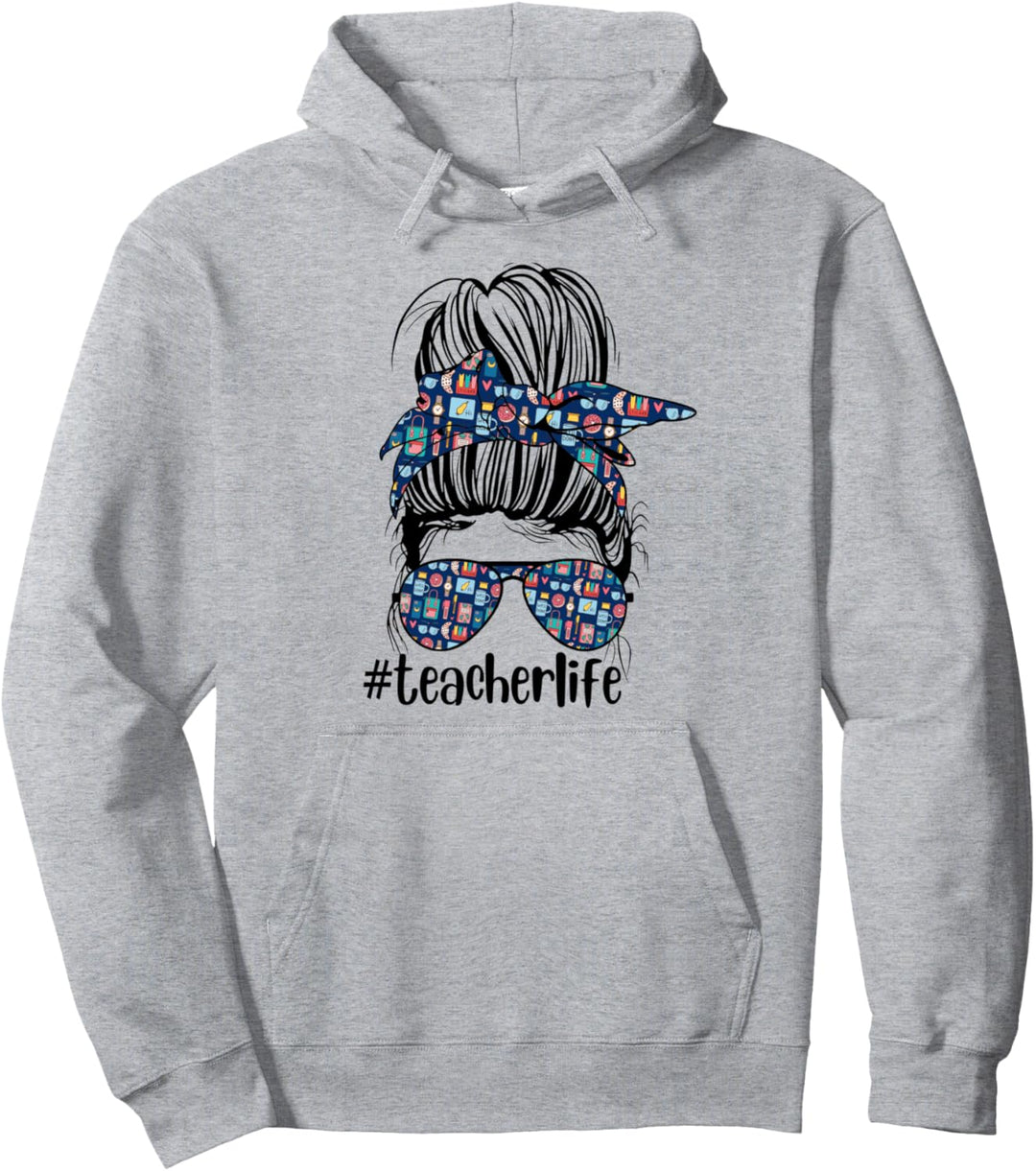 Niedliches blaues Bandana für Schule, Messy Bun Sonnenbrille Lehrer Leben Pullover Hoodie