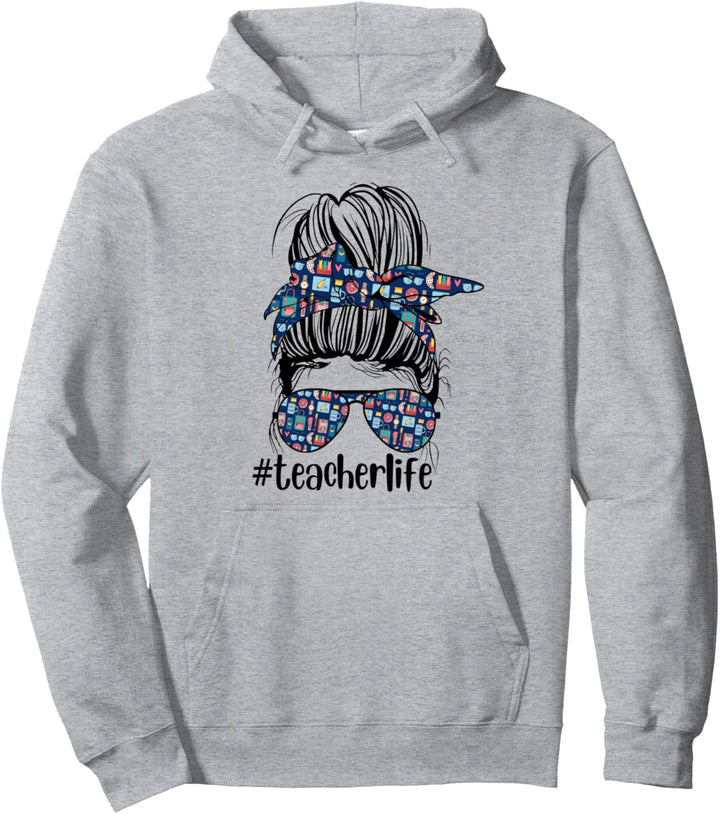 Niedliches blaues Bandana für Schule, Messy Bun Sonnenbrille Lehrer Leben Pullover Hoodie