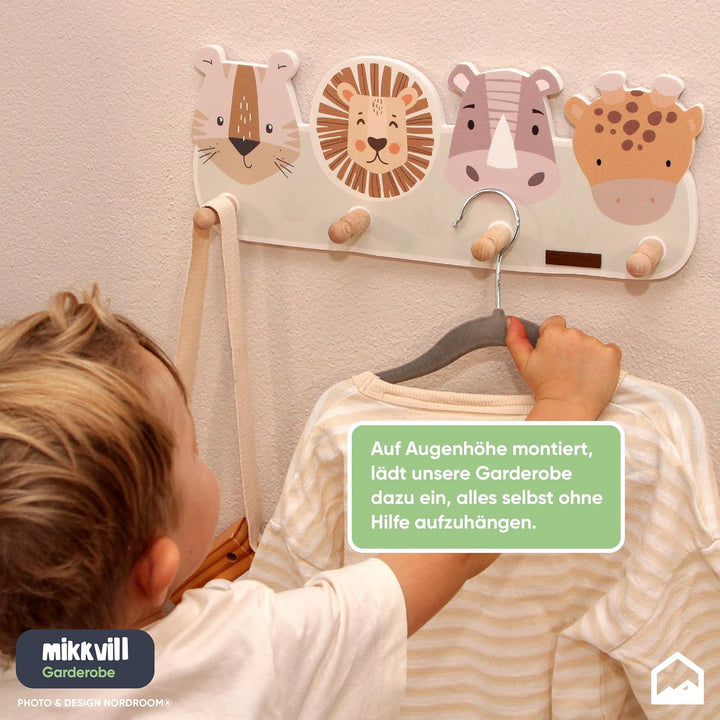 Kindergardroben mit 4 Haken - Wandgarderobe mit Tiermotiven für Kinderzimmer - Garderobenhaken aus H
