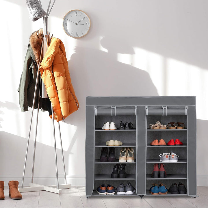 Relaxdays Schuhschrank Stoff, 12 Fächer, 36 Paar Schuhe, Abnehmbarer Bezug, Schuhregal, HBT 107 x 11