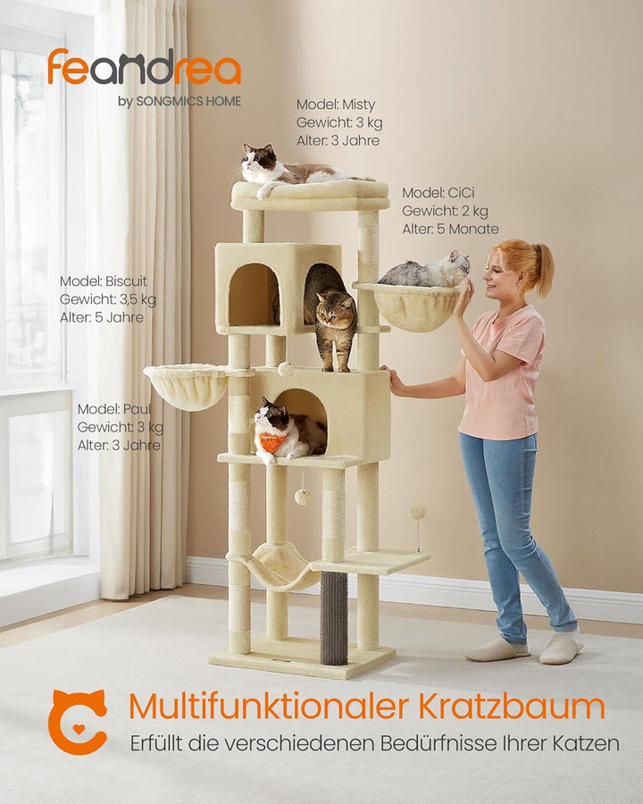 Feandrea Kratzbaum, 175 cm hoch, XL, mehrstöckiger Katzenbaum mit 2 Höhlen, 2 Liegemulden, 5 Kratzsä