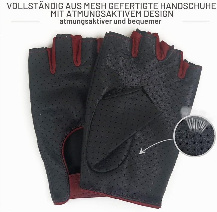 Damen-Lederhandschuhe Vollmaschige Fingerlose Halbfinger-Fahrhandschuhe Medium-7" Schwarz und Rot, M