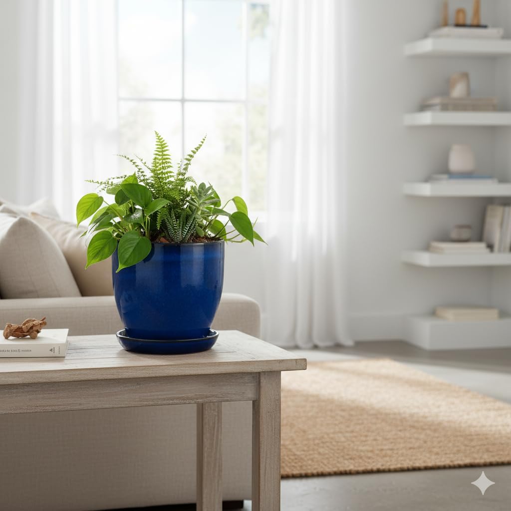 Teramico Pflanzgefäss Übertopf Blumentopf aus Steinzeug Blau mit passendem Teller/Untersetzer 23cm -