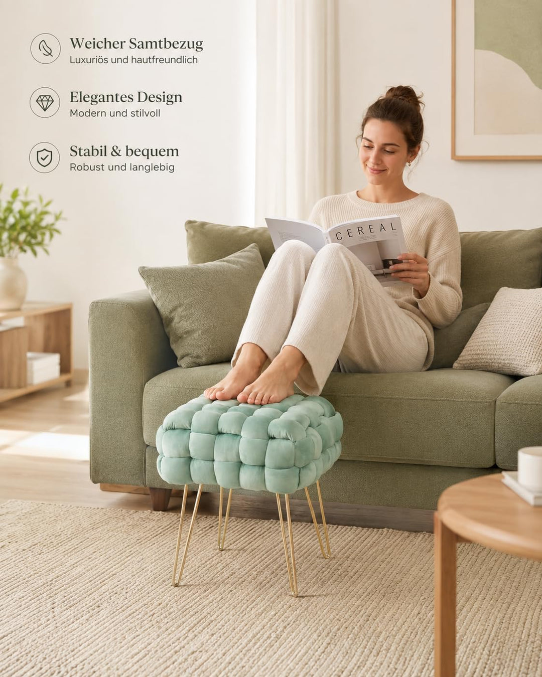 Zedelmaier Moderner Velvet Kosmetik Hocker, Quadratisch Ottoman-Fusshockermit goldfarbenen Metallbei