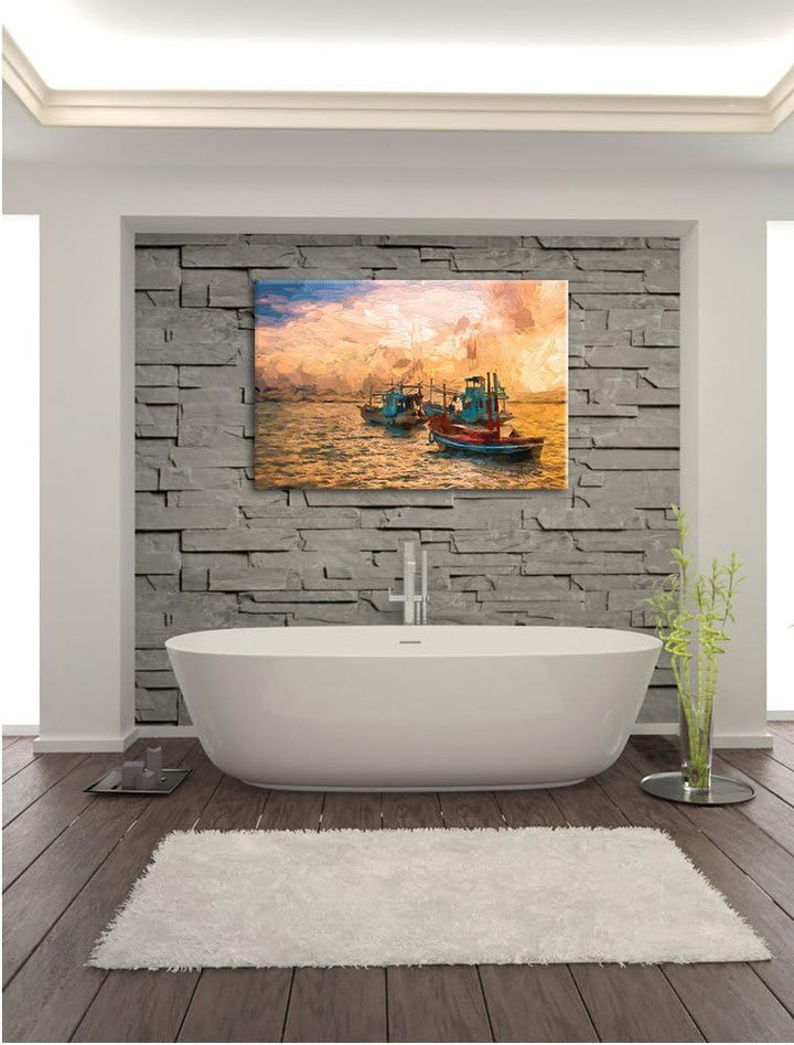 Pixxprint thailändische Fischerboote im Meer Kunst Pinsel Effekt, Format: 100x70 auf Leinwand, XXL r