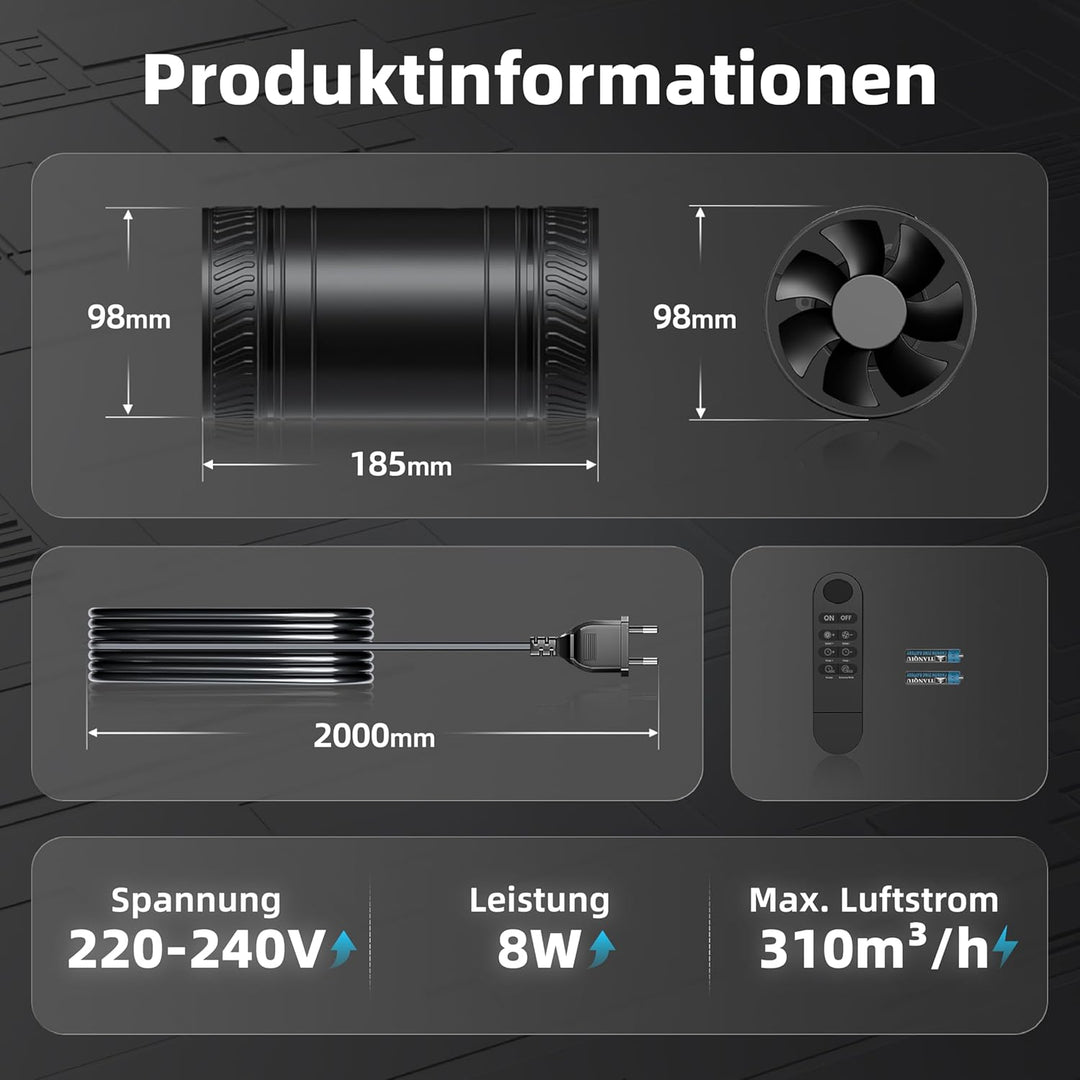 100 mm Rohrventilator mit Timer, 8 Stufen Rohrlüfter 310 m³/h, mit Überhitzungsschutz, Inline Abluft