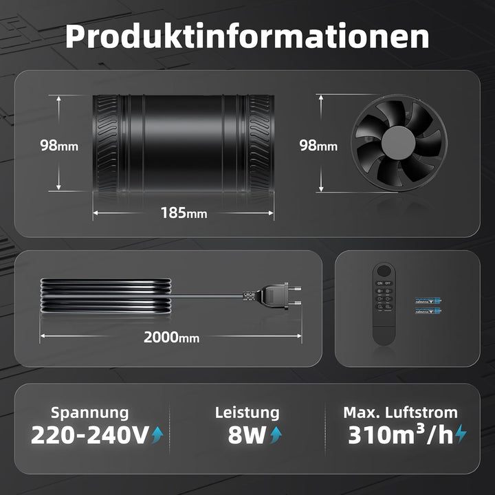 100 mm Rohrventilator mit Timer, 8 Stufen Rohrlüfter 310 m³/h, mit Überhitzungsschutz, Inline Abluft