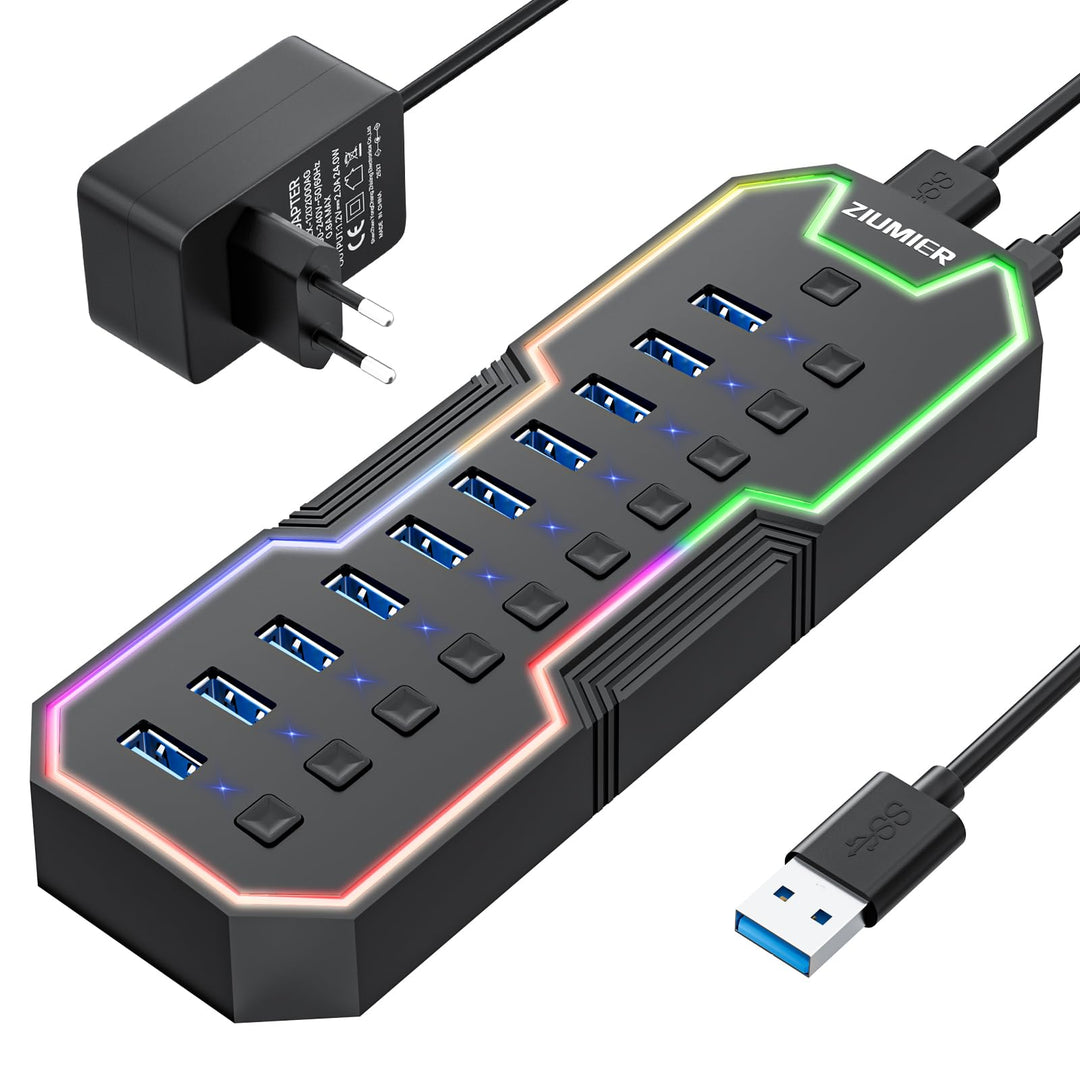 Powered USB Hub, 10 Ports USB 3.0 Hub mit RGB LED Strip und 12V/2A Power Adapter USB Erweiterung für