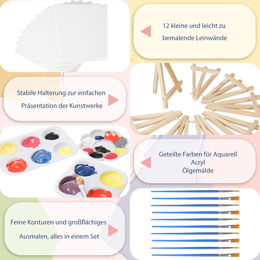 DONQL 50 Stück Mini Leinwand mit Staffelei Set, Kleine Leinwände mit einstellbare Mini Staffelei, mi