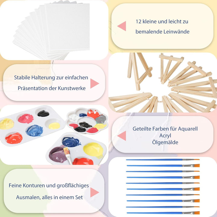 DONQL 50 Stück Mini Leinwand mit Staffelei Set, Kleine Leinwände mit einstellbare Mini Staffelei, mi