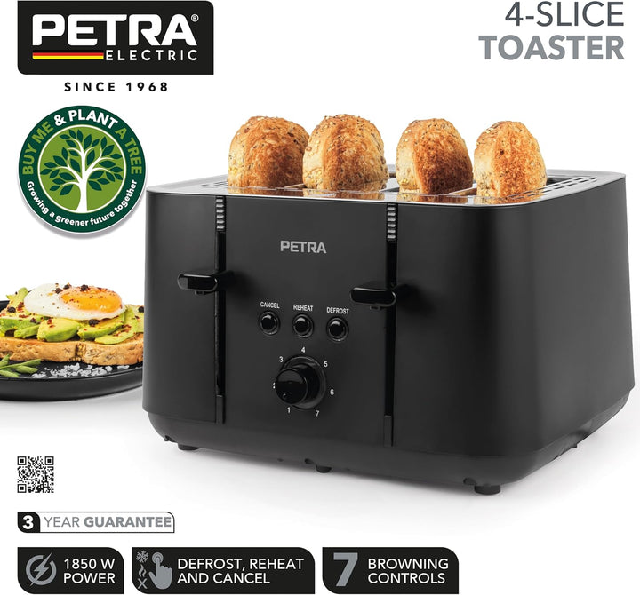 Petra PT5565MBLKVDE 4-Toastschlitze Toaster – selbstzentrierende Toastkammern für die Brotführung, A
