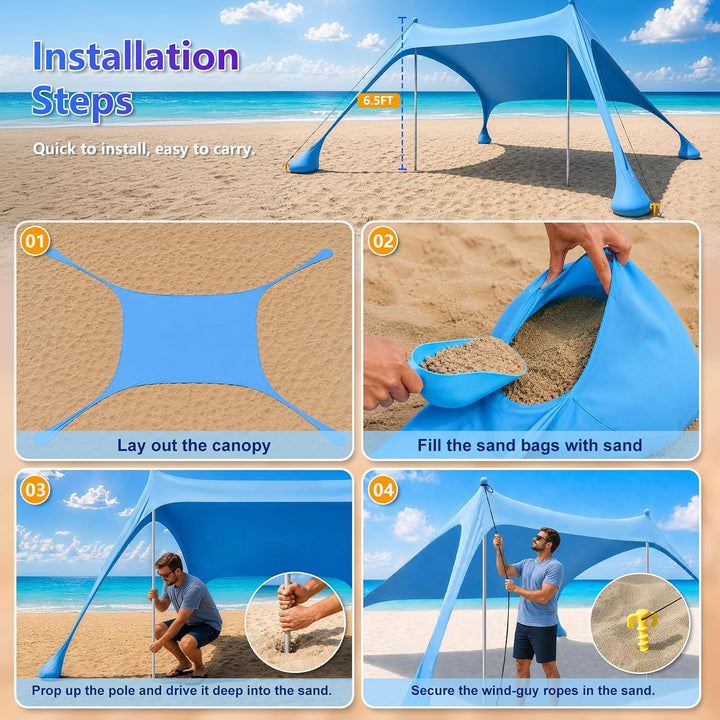 Strandzelt mit Strandmatte, LSF 50+ Hochschutz, 2x2x2m, Himmelblau | inkl. Sandanker, Alu-Stangen &amp;