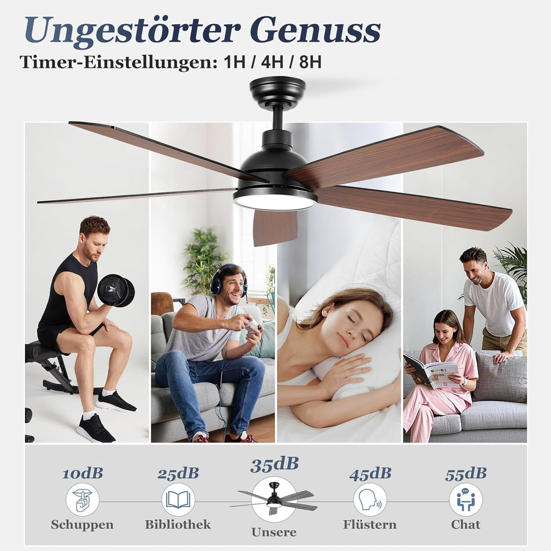 132 cm Deckenventilator mit Beleuchtung und Fernbedienung | 5 Holz Flügeln, doppelseitige Flügel, Ti