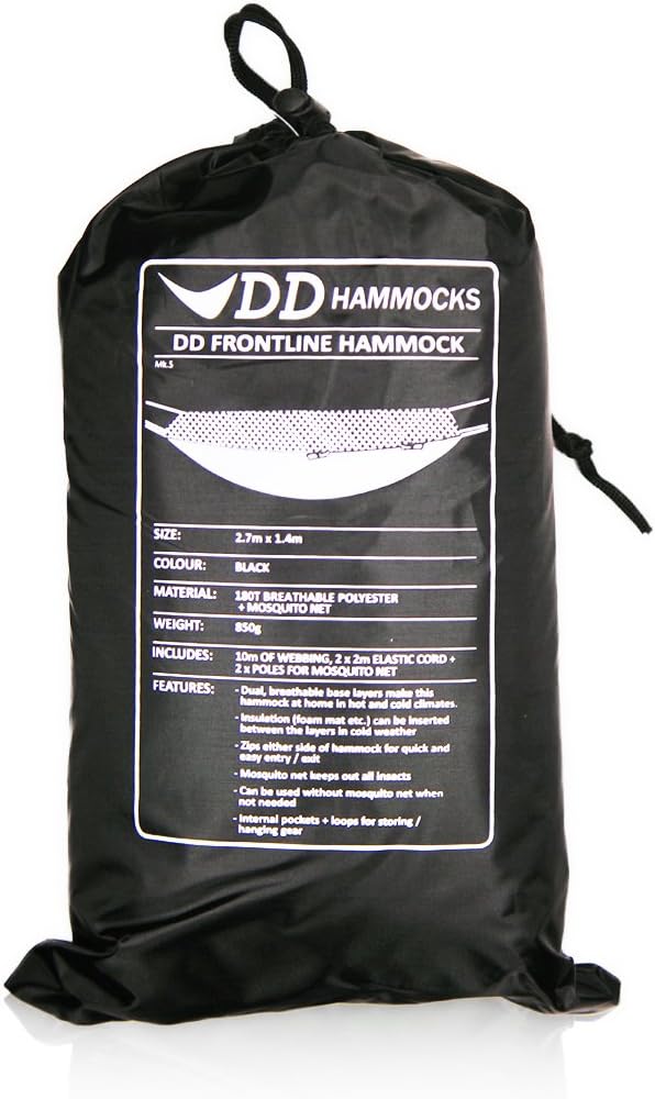DD Frontline Hängematte – Camping, leicht Jungle Hängematte mit Moskitonetz Schwarz - Schwarz, Schwa