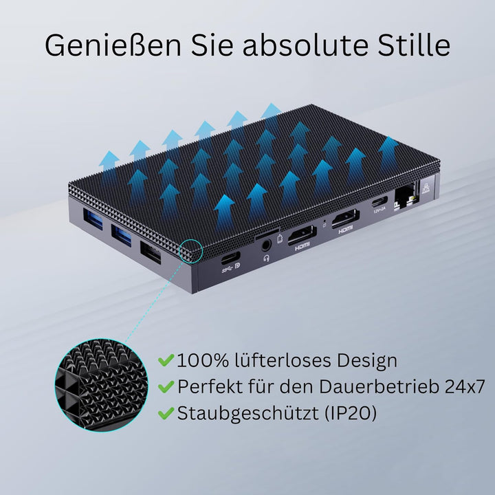 Orbsmart AW-16L Lüfterloser Mini PC mit Intel N150, 16GB RAM & 512GB SSD | Windows 11 Pro, 4K Triple