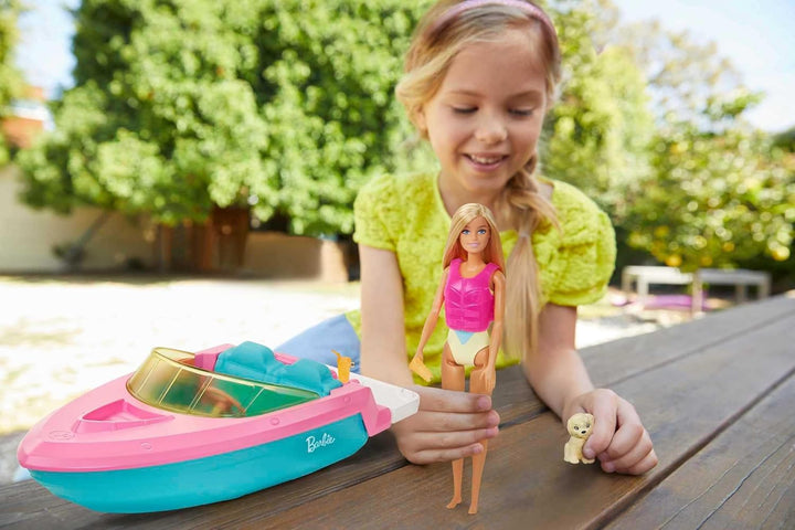 Barbie Speedboat, rosa Schwimmweste, rosa, blaues und weisses Barbie-Boot, Welpe, Barbie Accessoires