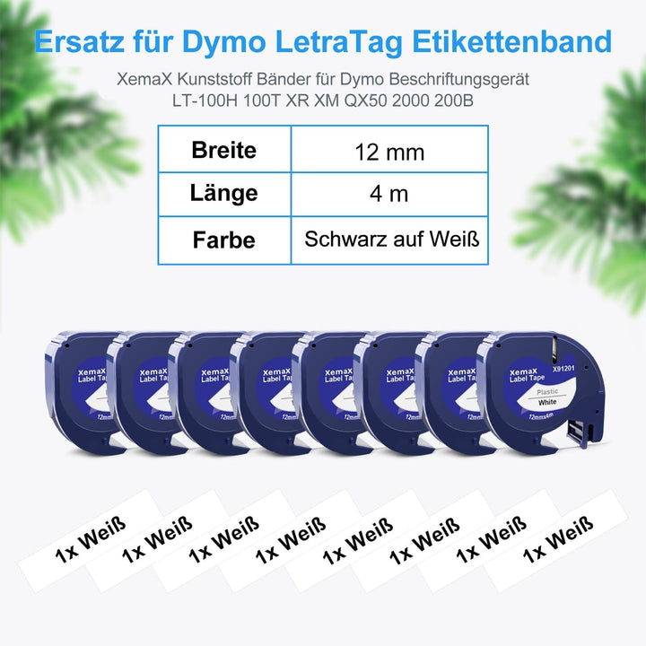 8x XemaX Kompatibel für Dyno Letra 12mm x 4m Etikettenband, Schwarz auf Weiss Schriftband, 91201 912