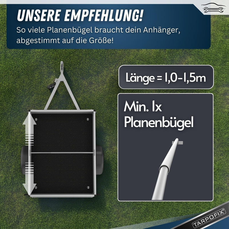 Tarpofix® Anhängerplane Flachplane 160 x 110 x 7,5 cm + 1x Planenbügel (verstellbar 100-145 cm) - ra