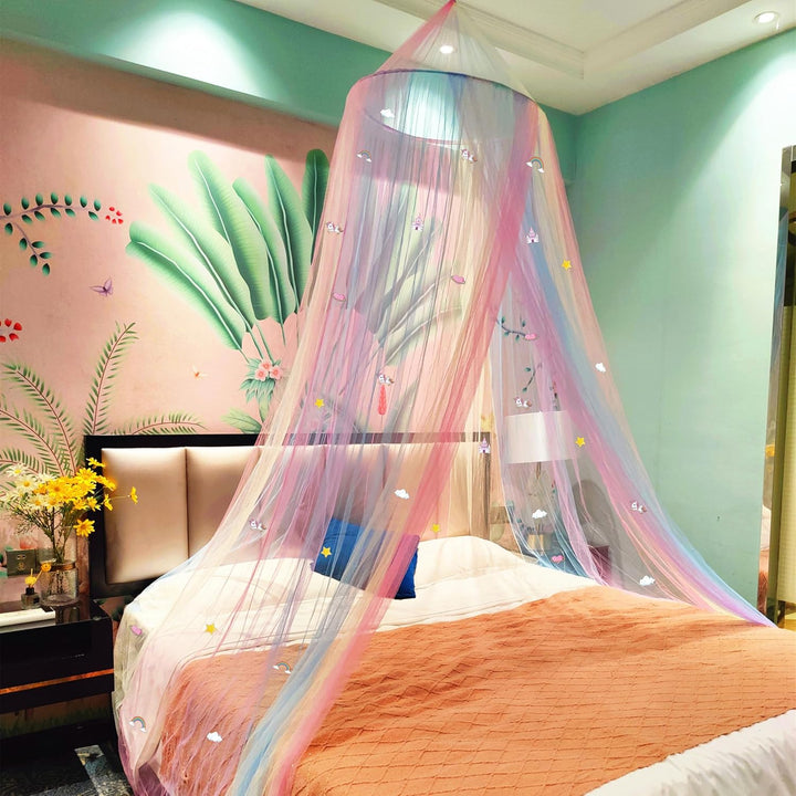 Eimilaly Prinzessin Regenbogen Betthimmel mit Einhorn Schloss leuchtet im Dunkeln, Betthimmel für Mä