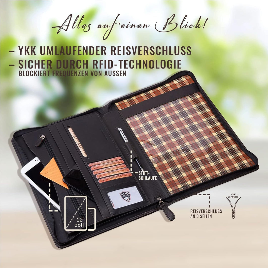 Corno d´Oro Schreibmappe A4 12 Zoll Fach für iPad Tablet I RFID Konferenzmappe Leder mit Reissversch