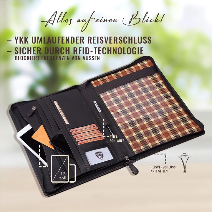 Corno d´Oro Schreibmappe A4 12 Zoll Fach für iPad Tablet I RFID Konferenzmappe Leder mit Reissversch