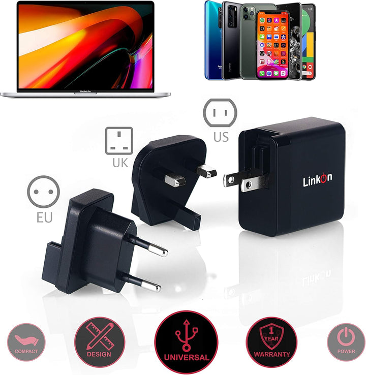 LinkOn Ganius 65W Wand-Ladegerät GaN Tech 65W USB-C PD3.0 PPS und 18W USB-A QC4.0+ Kompatibel mit Ma