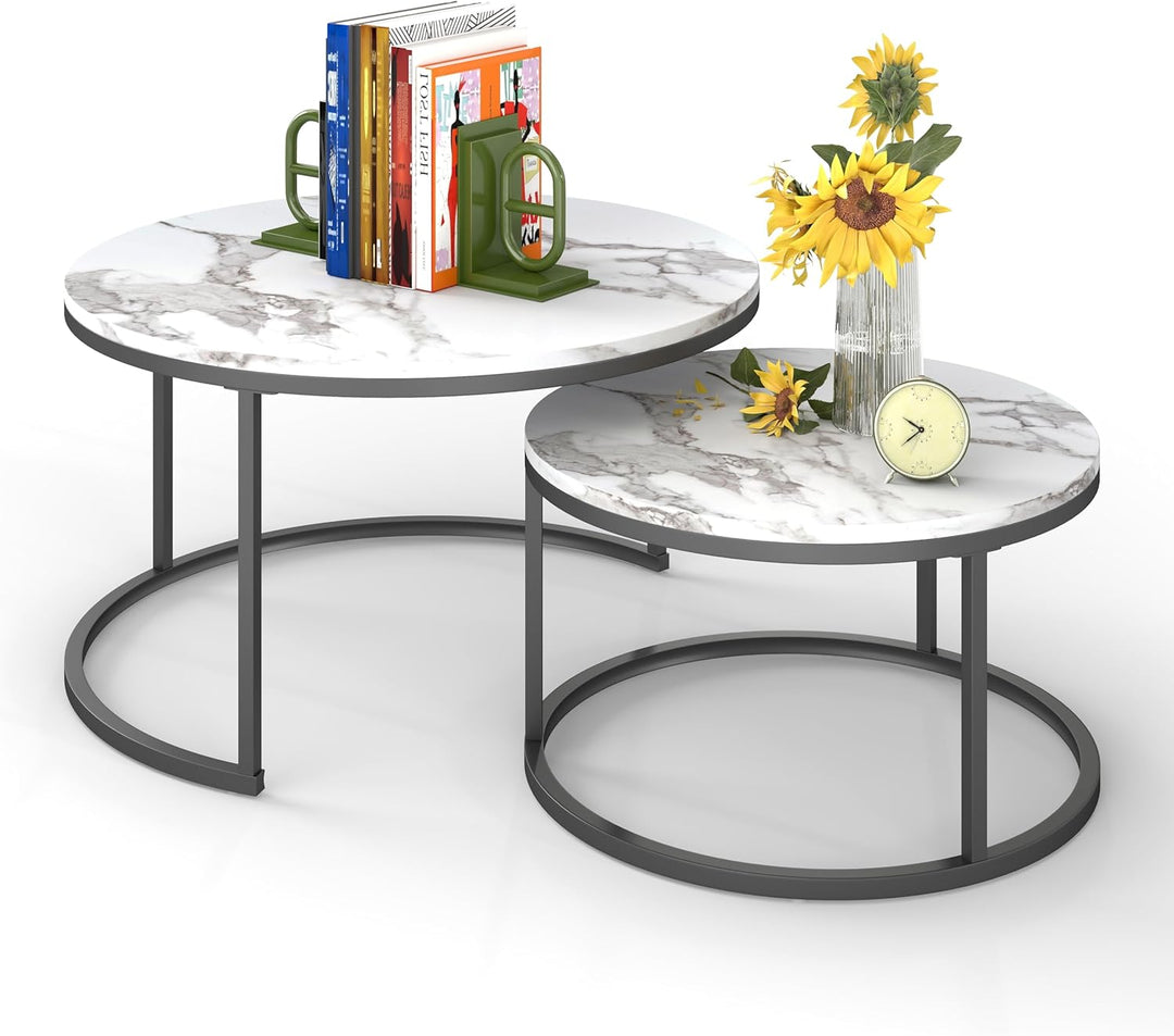 Couchtisch Schwarz, Couchtisch 2er Set mit 1 Grosser Couchtisch Rund und 1 Kleiner Tisch, Beistellti