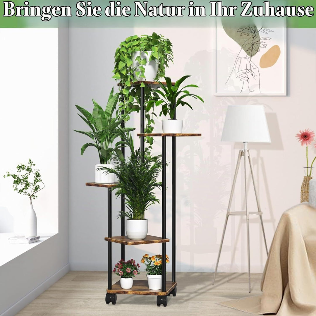 Blumenständer Pflanzenständer 5 Tier Holz, Pflanzenregal Mit Abnehmbaren Rollen, Modernes Blumenrega